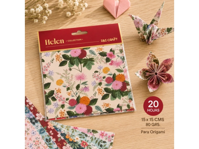 Papel fantas&iacute;a para origami IBI Craft Helen Collection con dise&ntilde;os florales. Ideal para manualidades, decoraci&oacute;n y proyectos creativos.